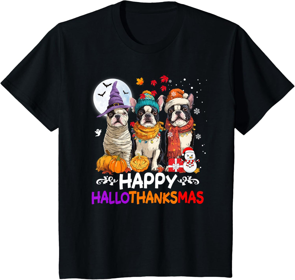 Boston Terrier Dog Hallothanksmas Halloween Thanksgiving T-Shirt - Black