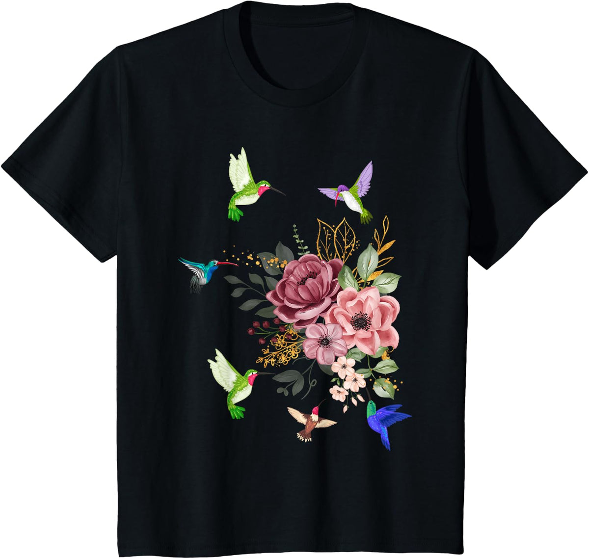 Hummingbird Lover Nature Bird Vintage Flower Hummingbird T-Shirt - Black