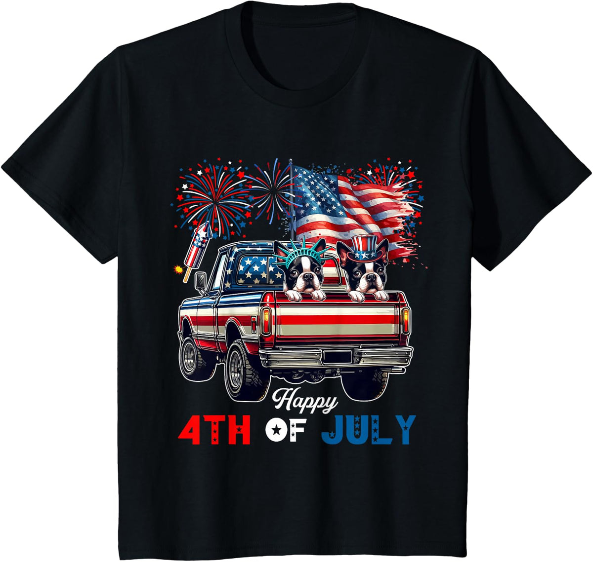 4th Of July Two Cute Boston Terriers On Pickup Truck Flag T-Shirt - Black