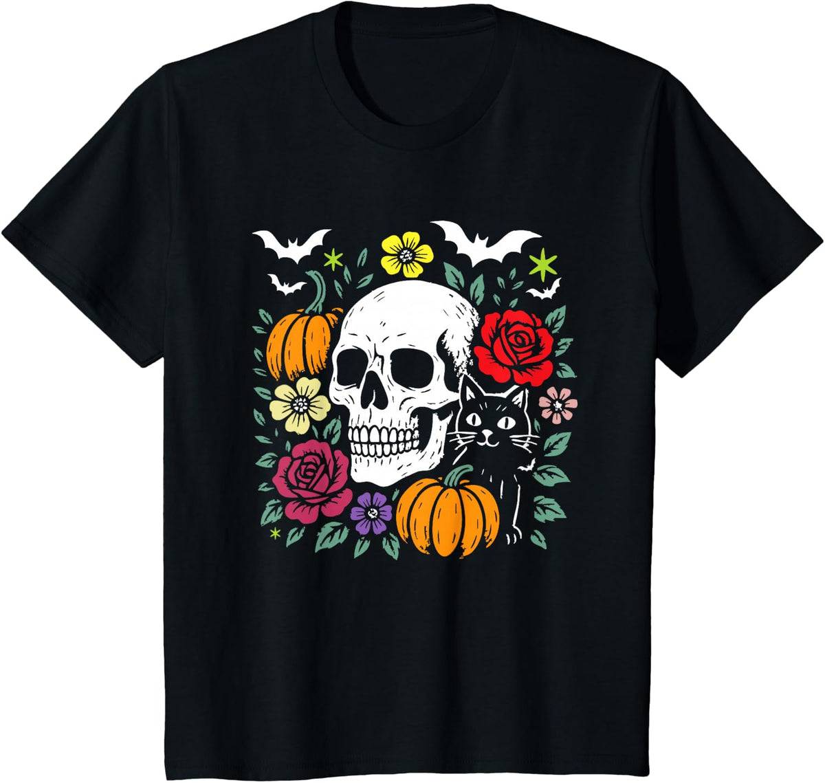 Floral Skeleton Skull and cat for Halloween Spooky Season, T-Shirt - Black