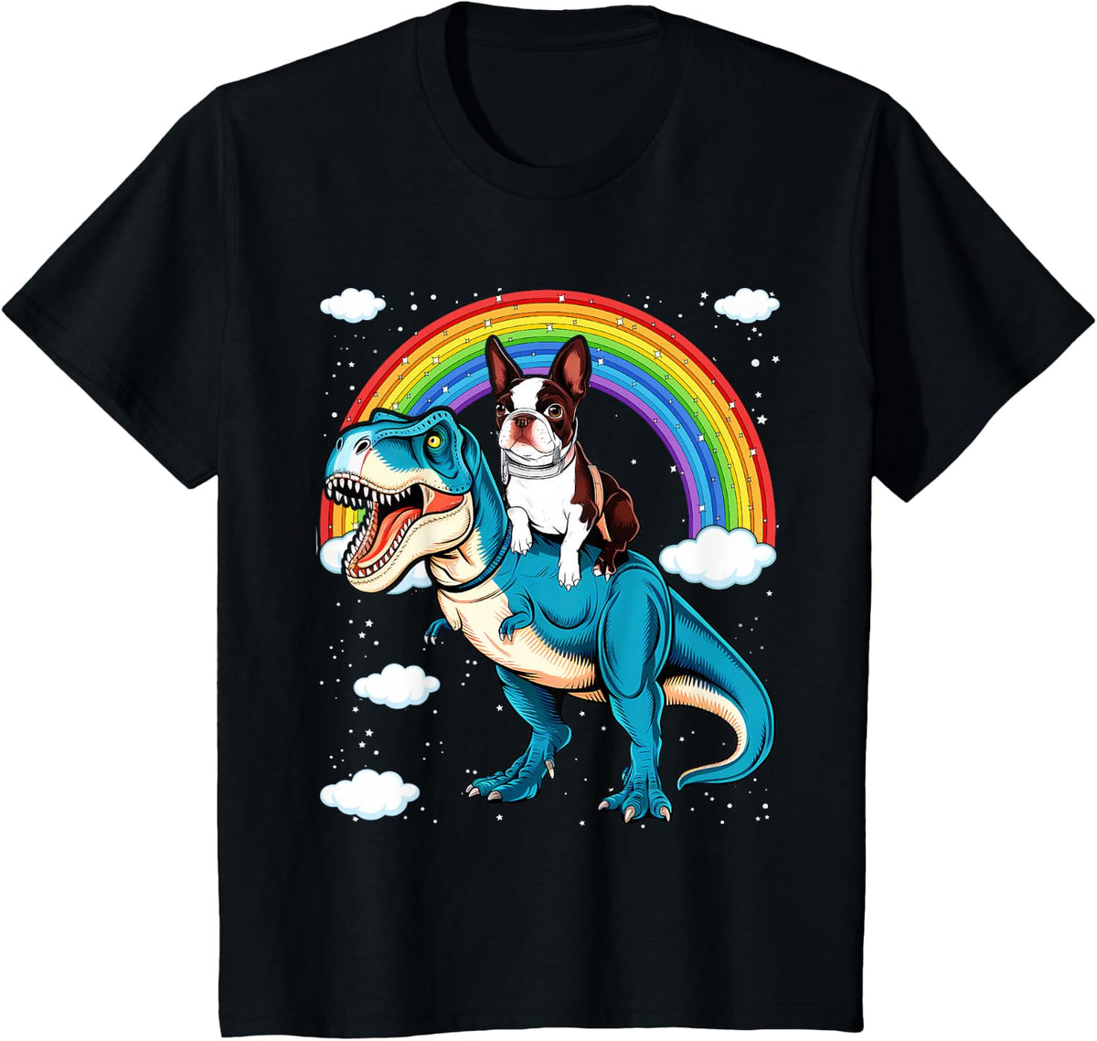 Boston Terrier Riding Dinosaur T-Rex T-Shirt Kids Boys Girls Rainbow Tees - Black