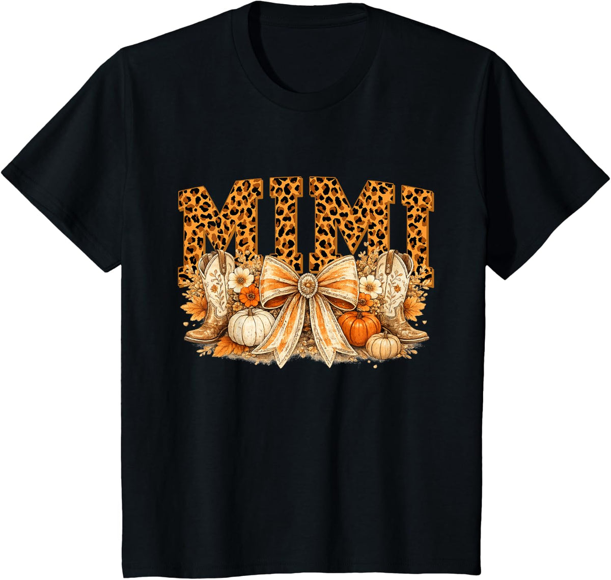 Mimi Autumn Floral Pumpkin Fall Thanksgiving T-Shirt - Black