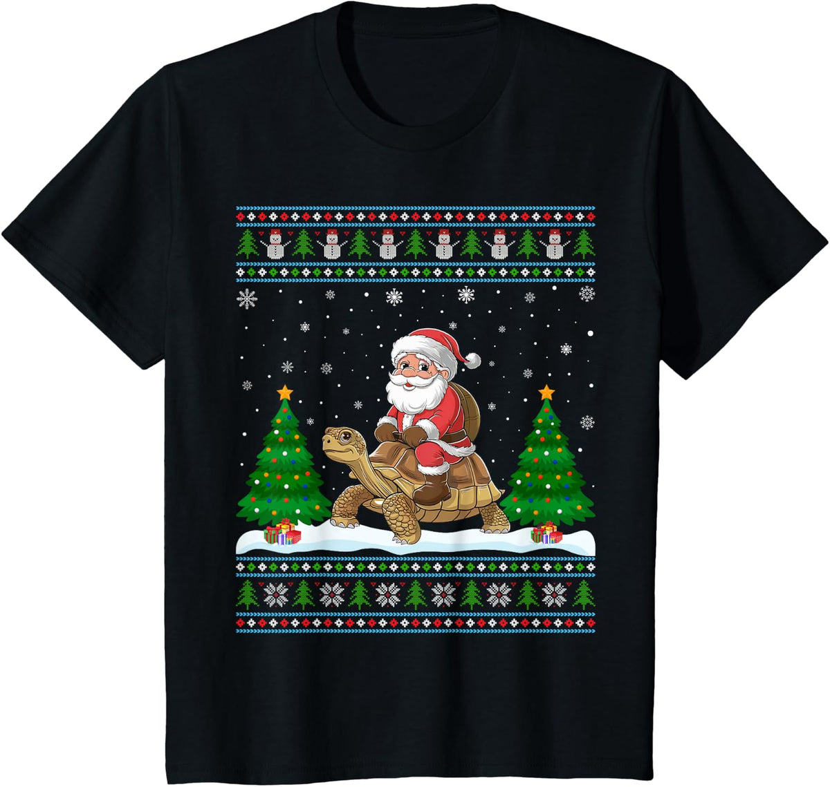 Ugly Xmas Lighting Tree Santa Riding Tortoise Christmas T-Shirt - Black