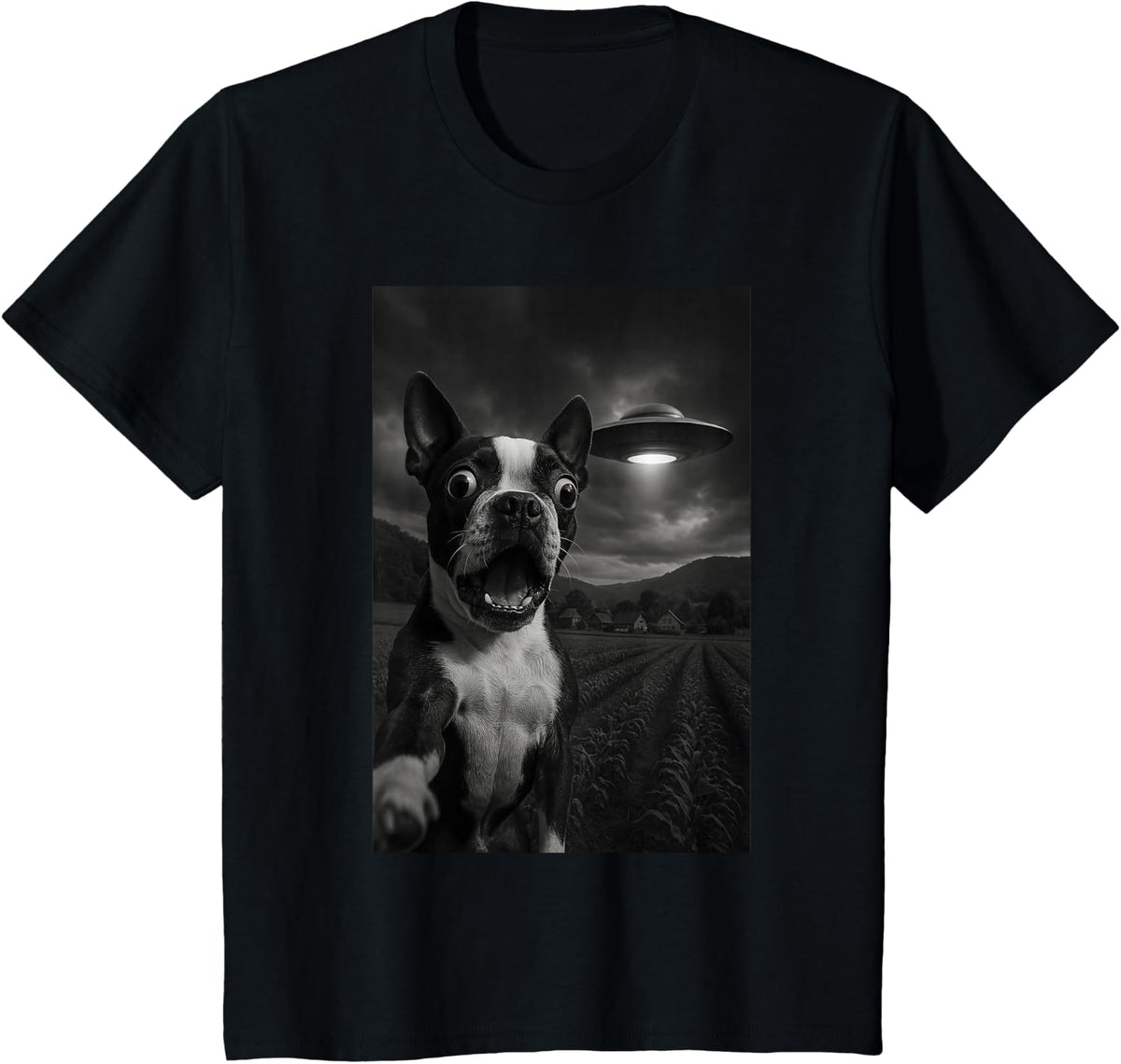 Boston Terrier UFO Encounters Selfie T-Shirt - Black