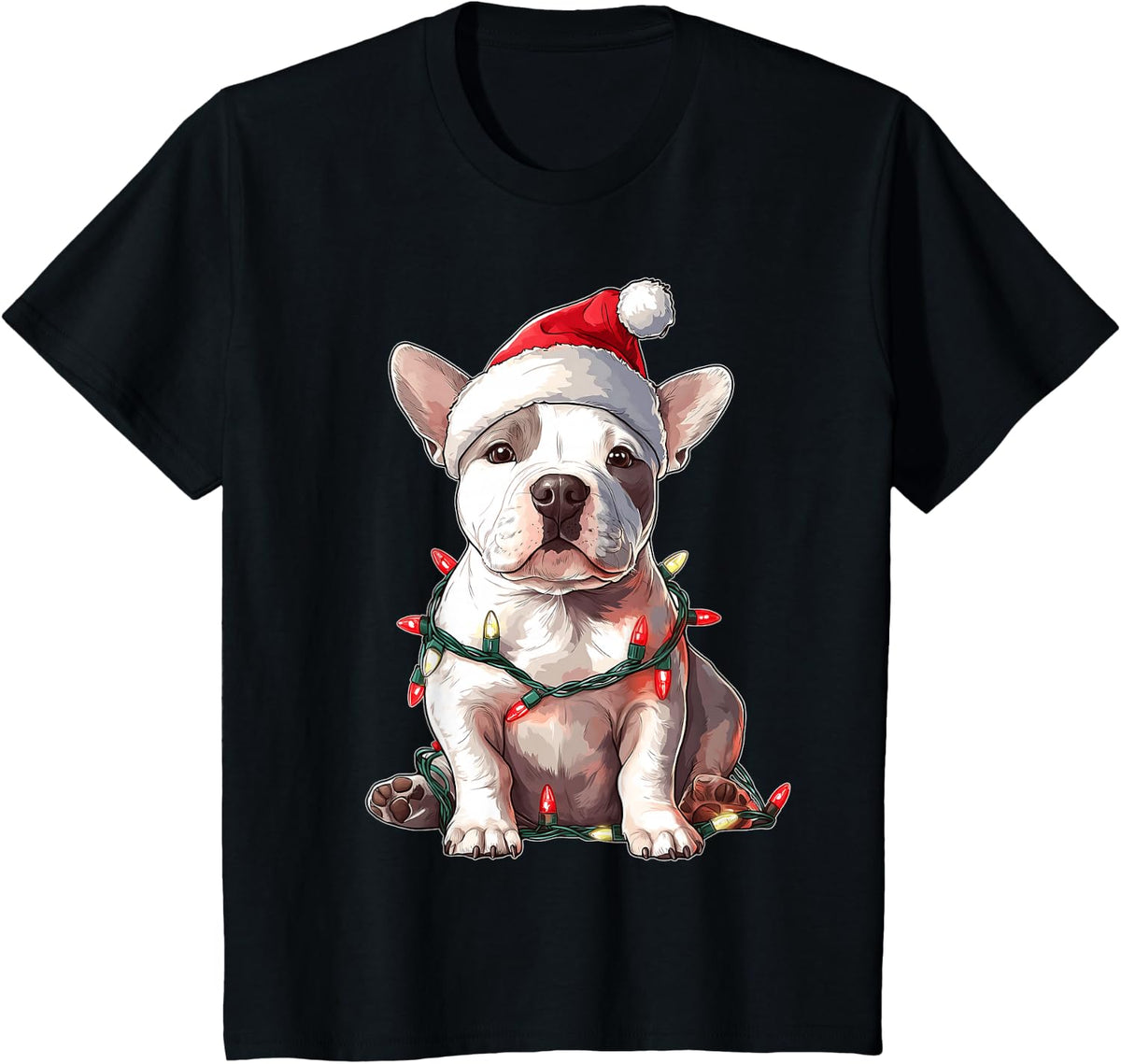 Cute American Bull Terrier Dog Christmas Hat Xmas T-Shirt - Black