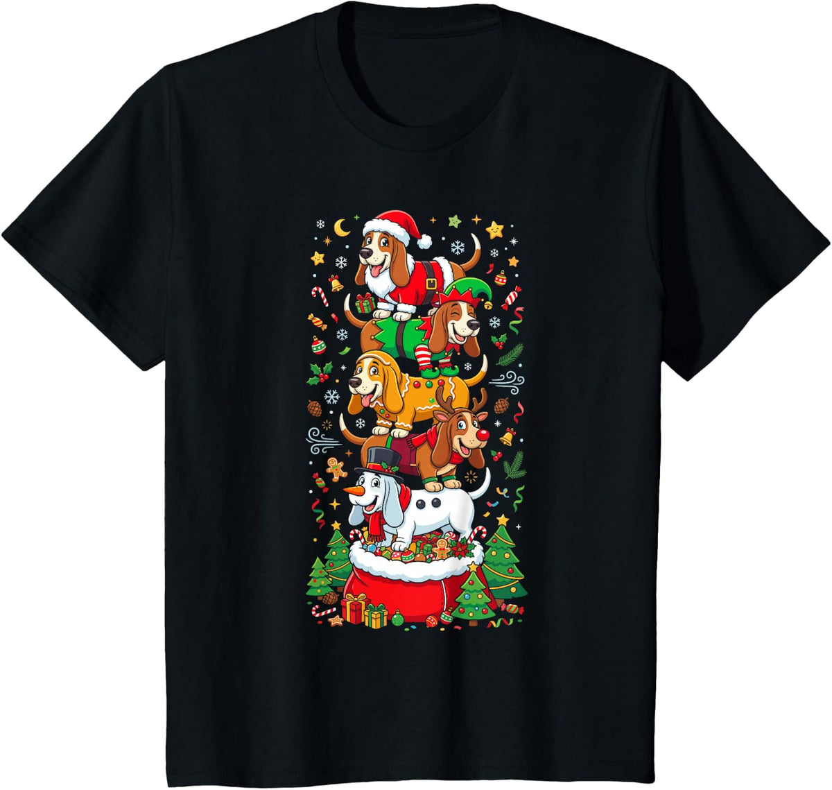 Funny Christmas Basset Hound Santa Elf Snowman Womens Mens T-Shirt - Black