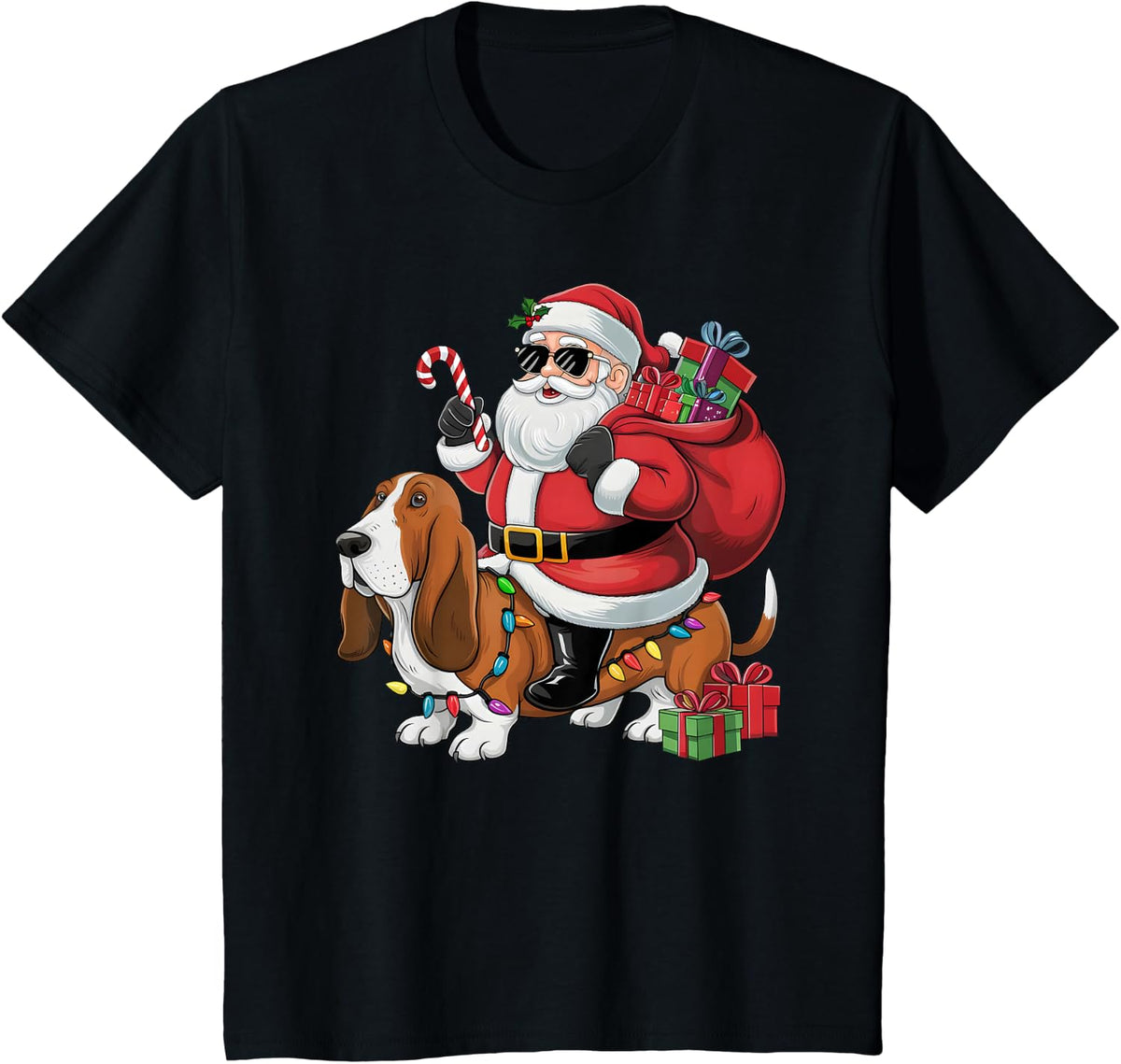 Xmas Lighting Funny Santa Riding Basset Hound Dog Christmas Men Women Kids T-Shirt - Black
