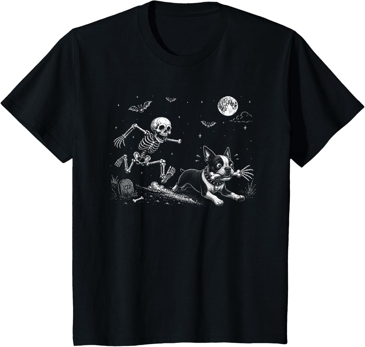 Funny Skeleton Chasing Boston Terrier Dog Halloween Costume T-Shirt - Black