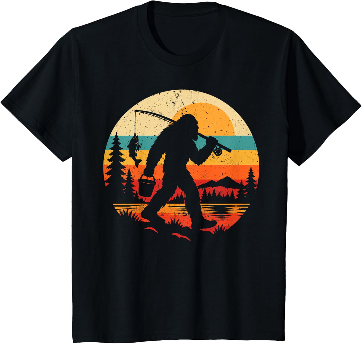Bigfoot Fishing Angler Retro Fisherman Sasquatch Fish T-Shirt - Black