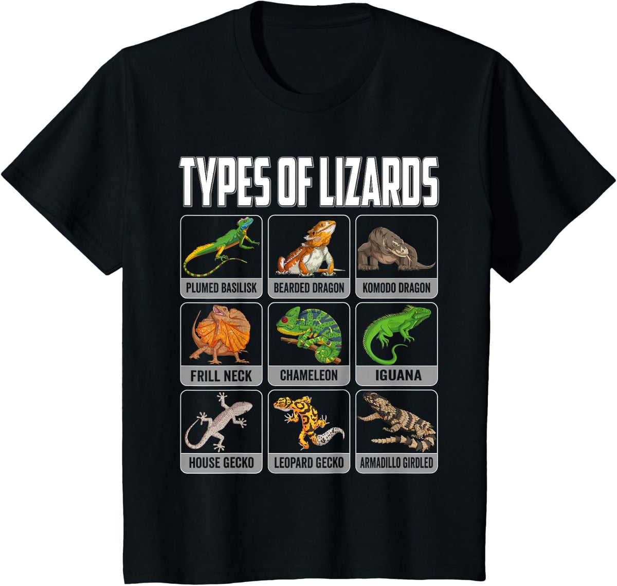 Types of Lizards Reptile Shirt Herpetology Bearded Dragon Tee T-Shirt Men Boys Kids - Black
