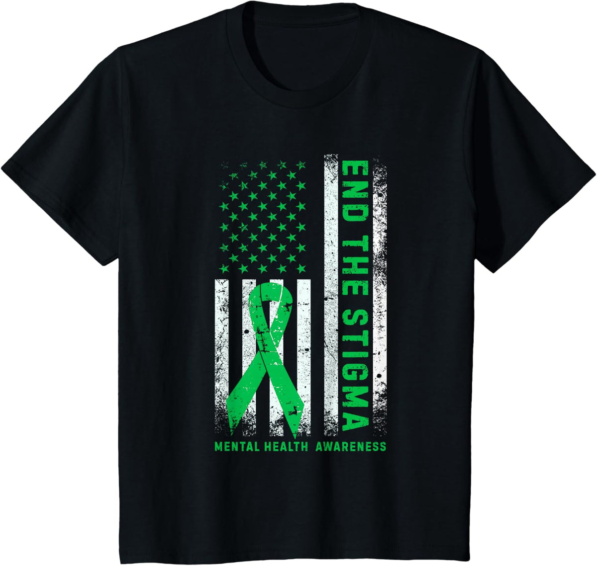 End The Stigma Mental Health Awareness Tees USA Flag Green Ribbon T Shirts for Men Women - Black