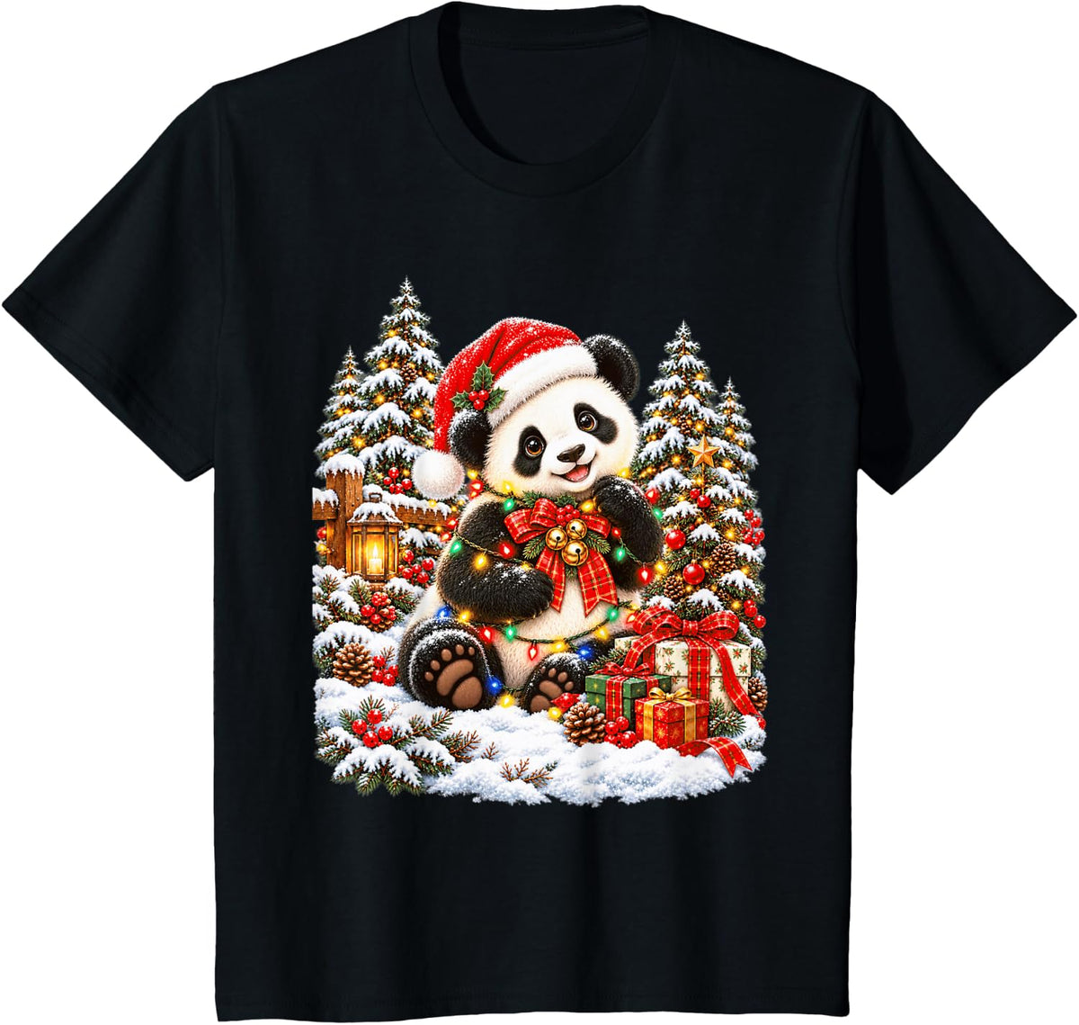Jolly Panda Christmas Santa Snow Scene T-Shirt - Black