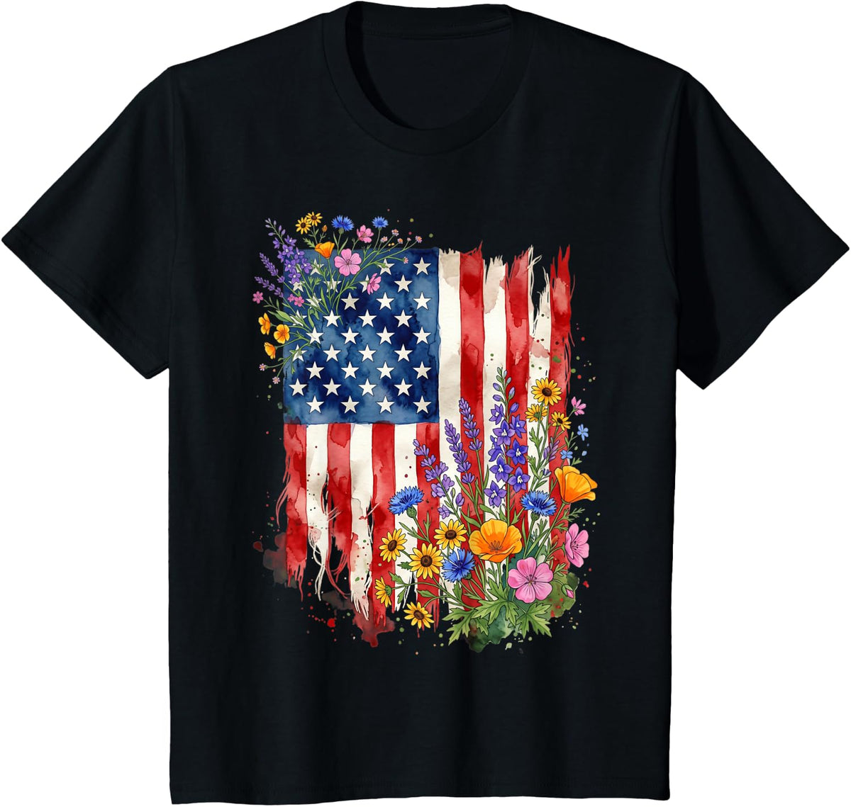 Wildflowers American Flag 4th of July Patriotic Floral Women T-Shirt - Black