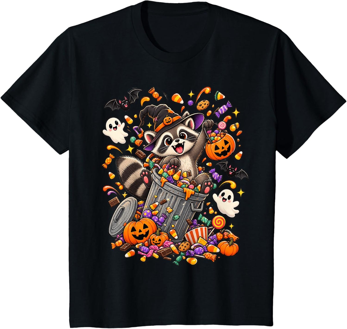 Halloween Trash Panda Raccoon Candy Trick Or Treat Witchy T-Shirt - Black