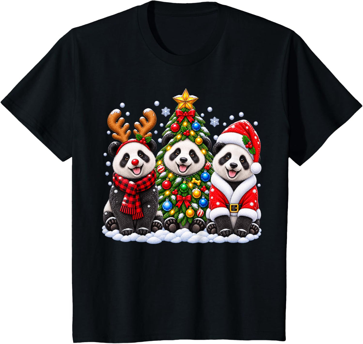 Panda Merry Christmas Santa Hat Holidays Xmas T-Shirt - Black
