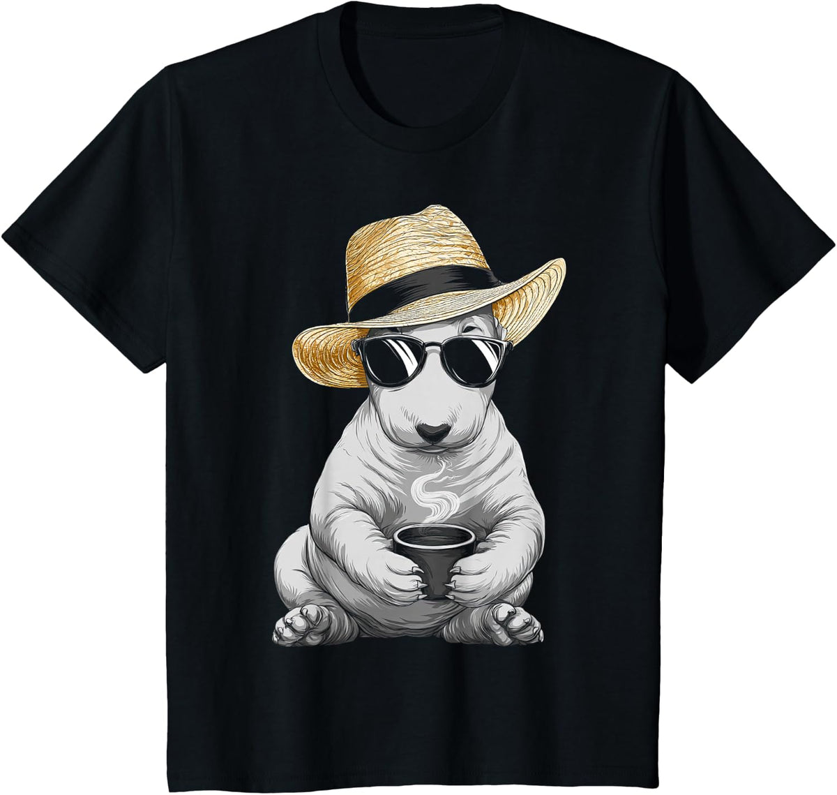 Funny Bull Terrier Dog Coffee Graphic Sunglasses T-Shirt - Black