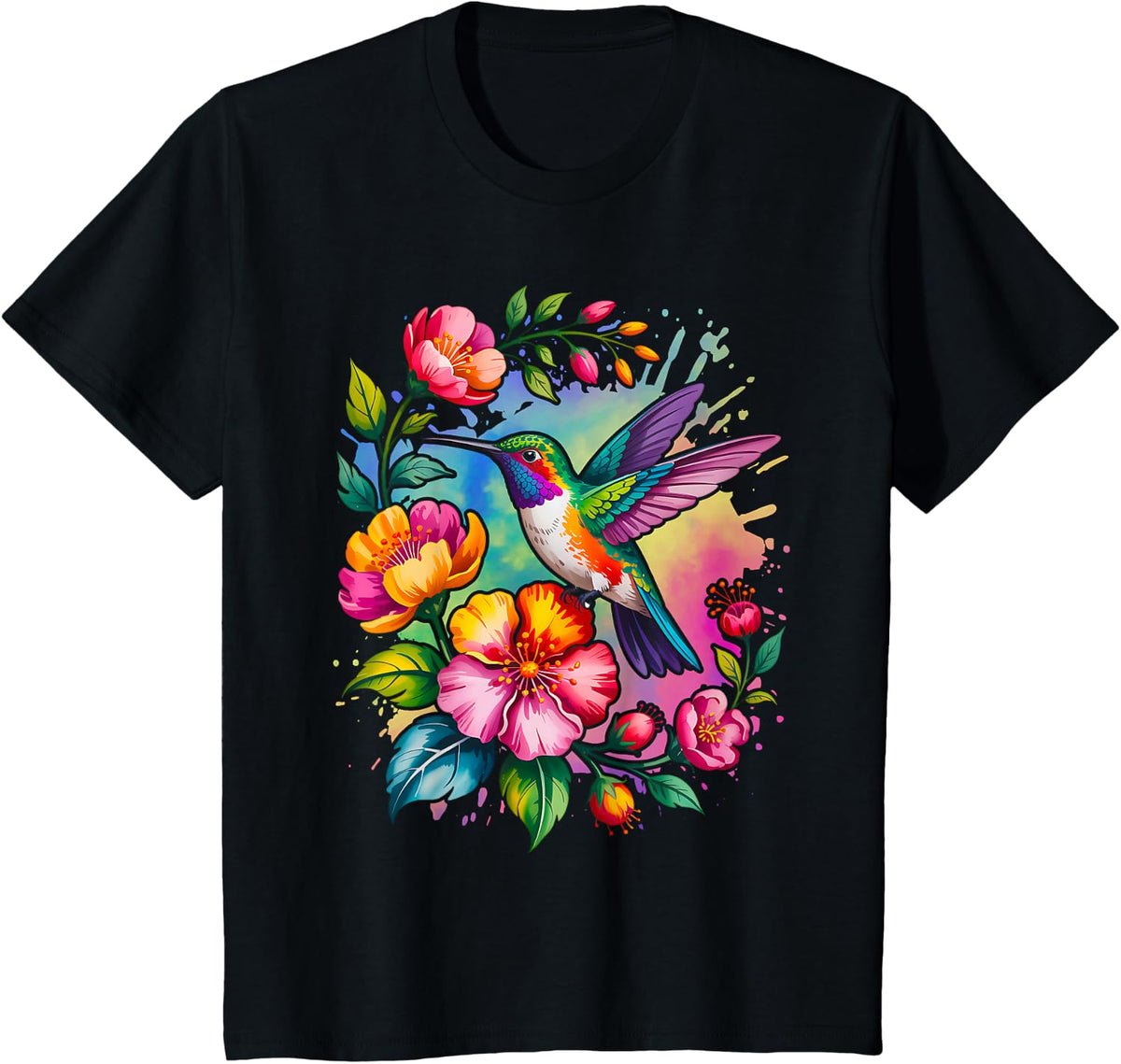 Floral Humming Bird Flowers Tie Dye Hummingbird T-Shirt - Black