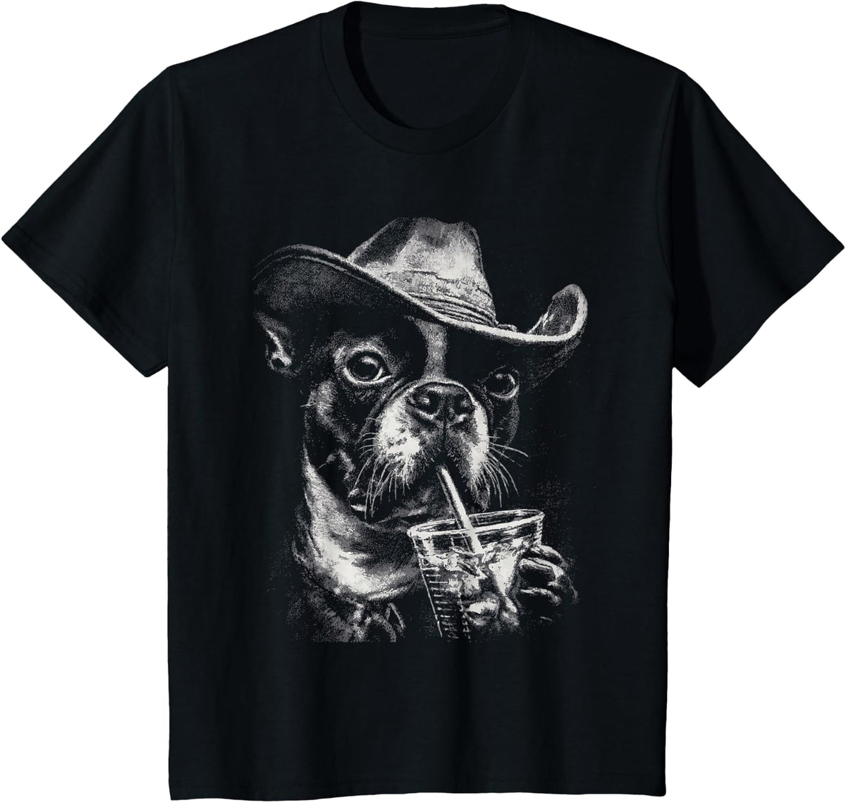 Rustic Boston Terrier with Iced Coffee Cowboy Dog Western T-Shirt - Black