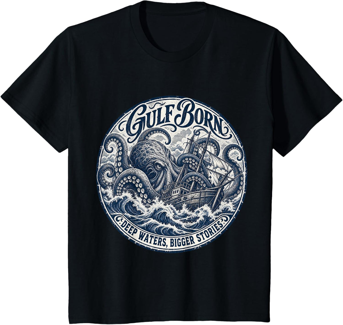 Vintage Kraken Sea Monster vs Fishing Boat Gulf Coast T-Shirt - Black