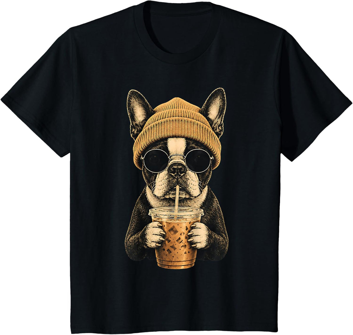 Boston Terrier Hipster Dog Drinking Iced Coffee Sunglasses T-Shirt - Black