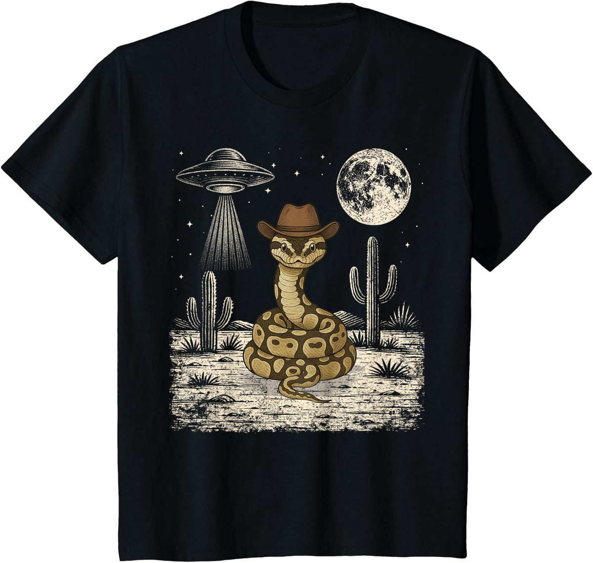 Funny Ball Python Snake Cowboy Western UFO T-Shirt - Black
