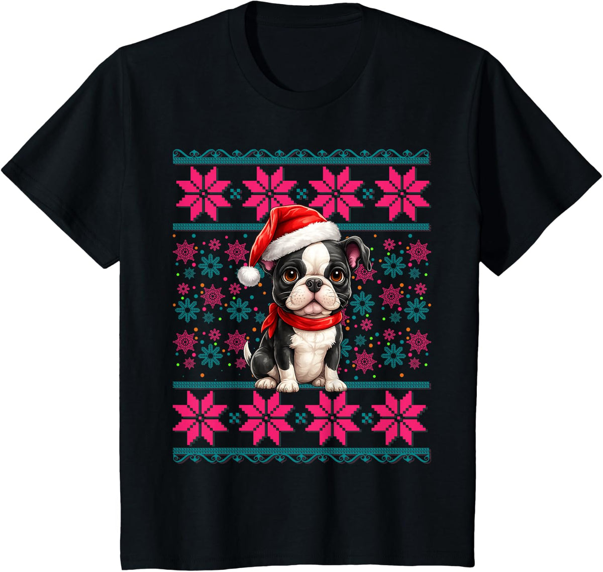 Santa Ugly Christmas Pajama Women Girls Boston Terrier Dog T-Shirt - Black