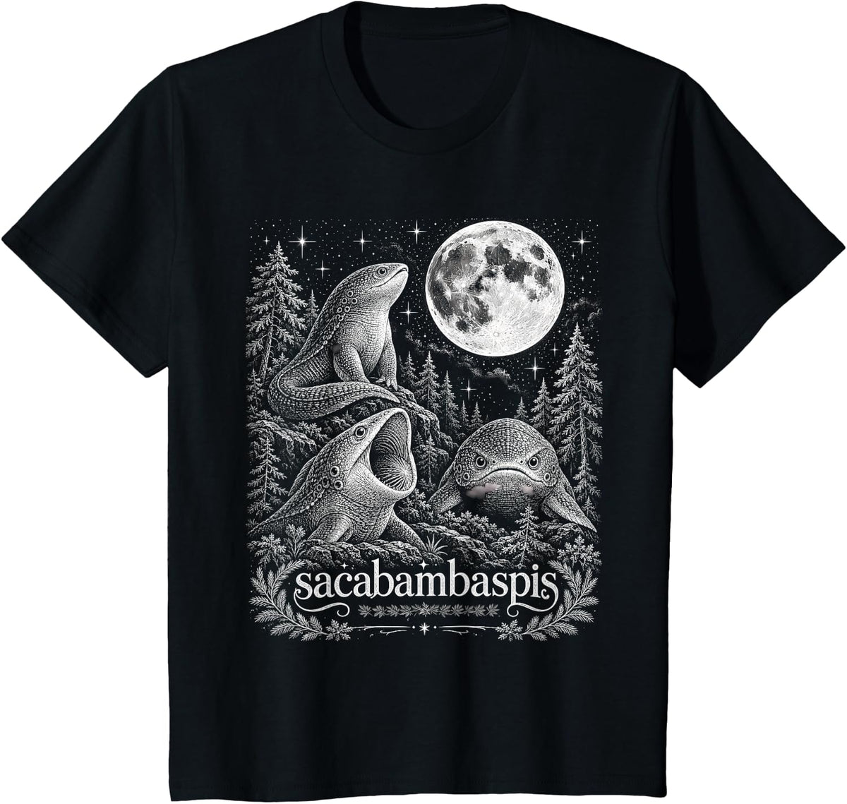 Sacabambaspis Prehistoric Fish Moonlit Night Fossil Art T-Shirt - Black