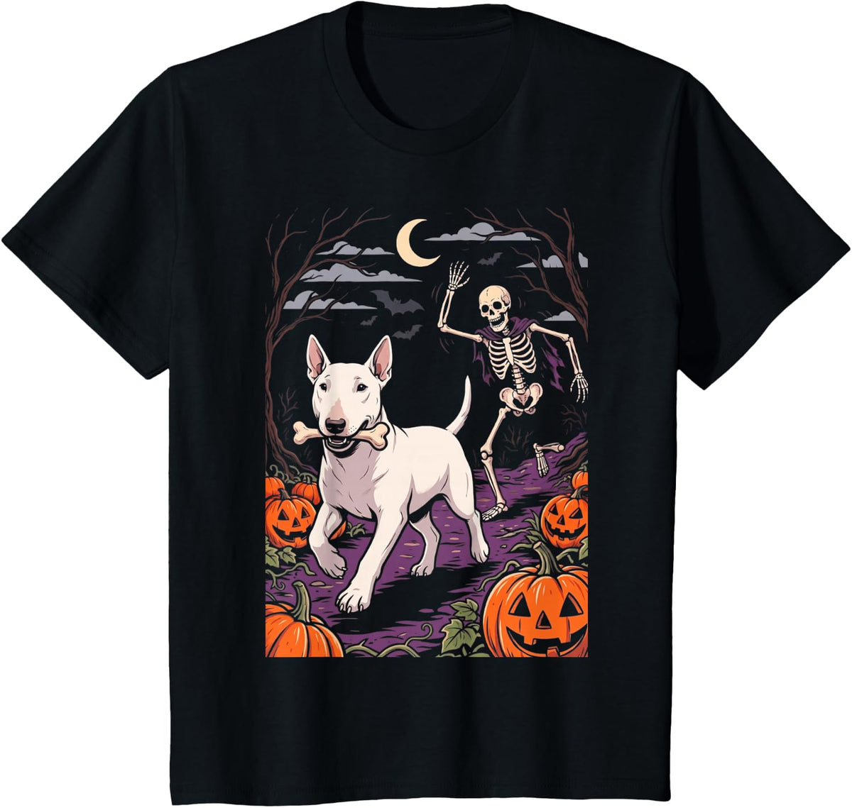 Bull Terrier Dog Stealing Bone from Skeleton Halloween T-Shirt - Black
