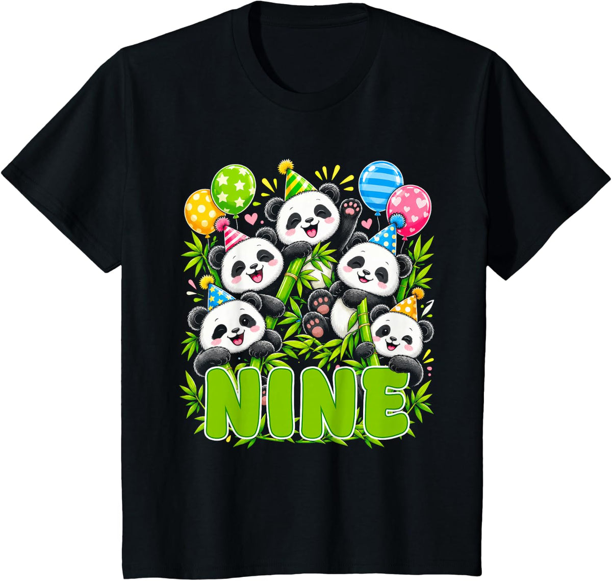 9 Year Old Boys Girls 9th Birthday Panda Animals Theme T-Shirt - Black