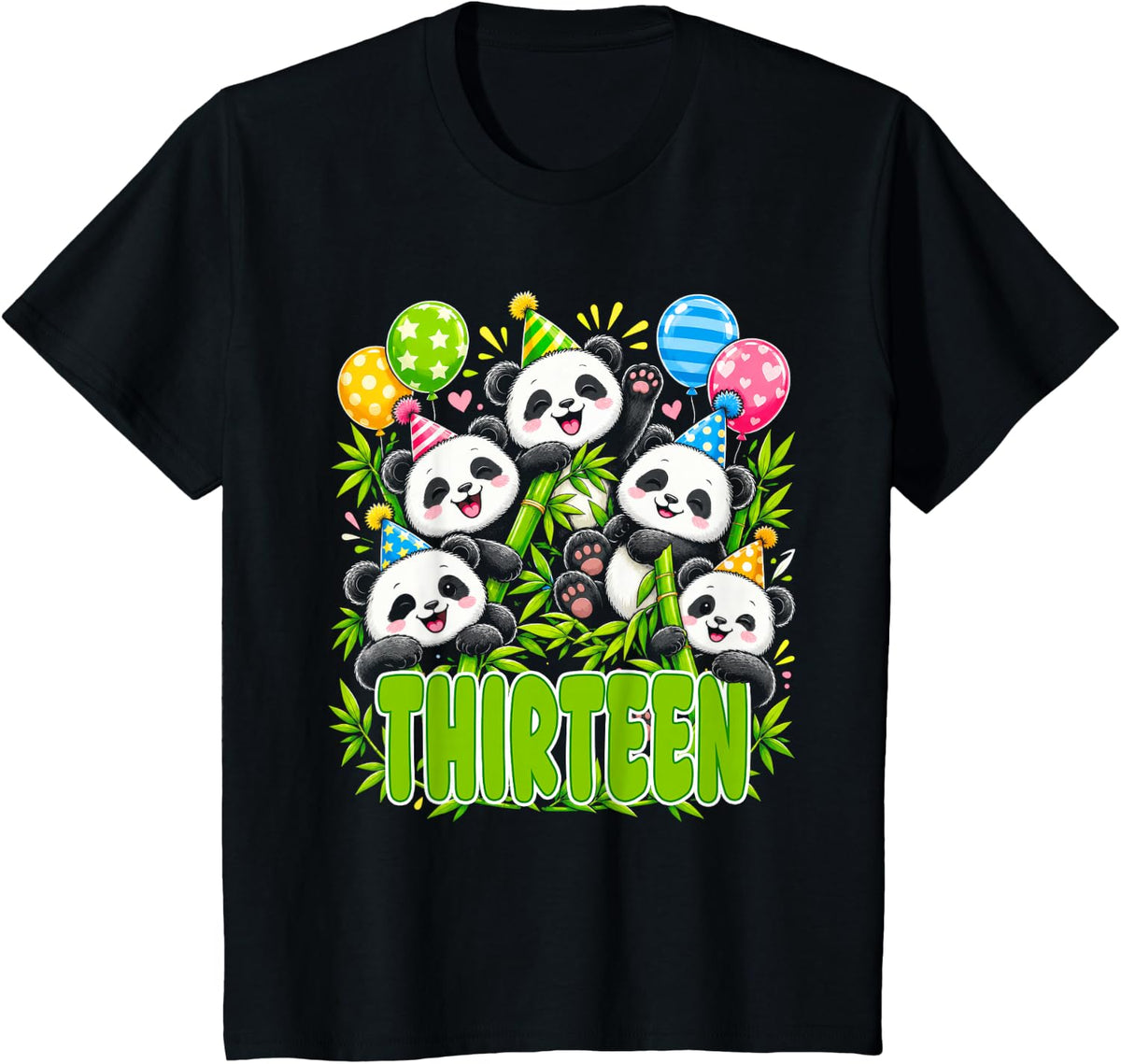 13 Year Old Boys Girls 13th Birthday Panda Animals Theme T-Shirt - Black