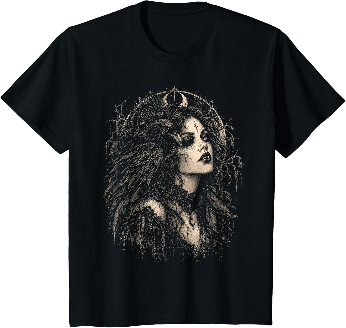 Vintage Horror Aesthetic Halloween Goth Vampiress T-Shirt - Black