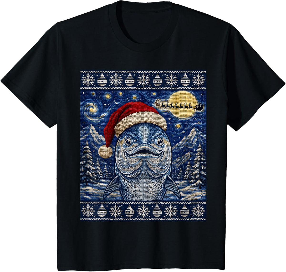 Tuna Fish Santa Ugly Christmas T-Shirt - Black