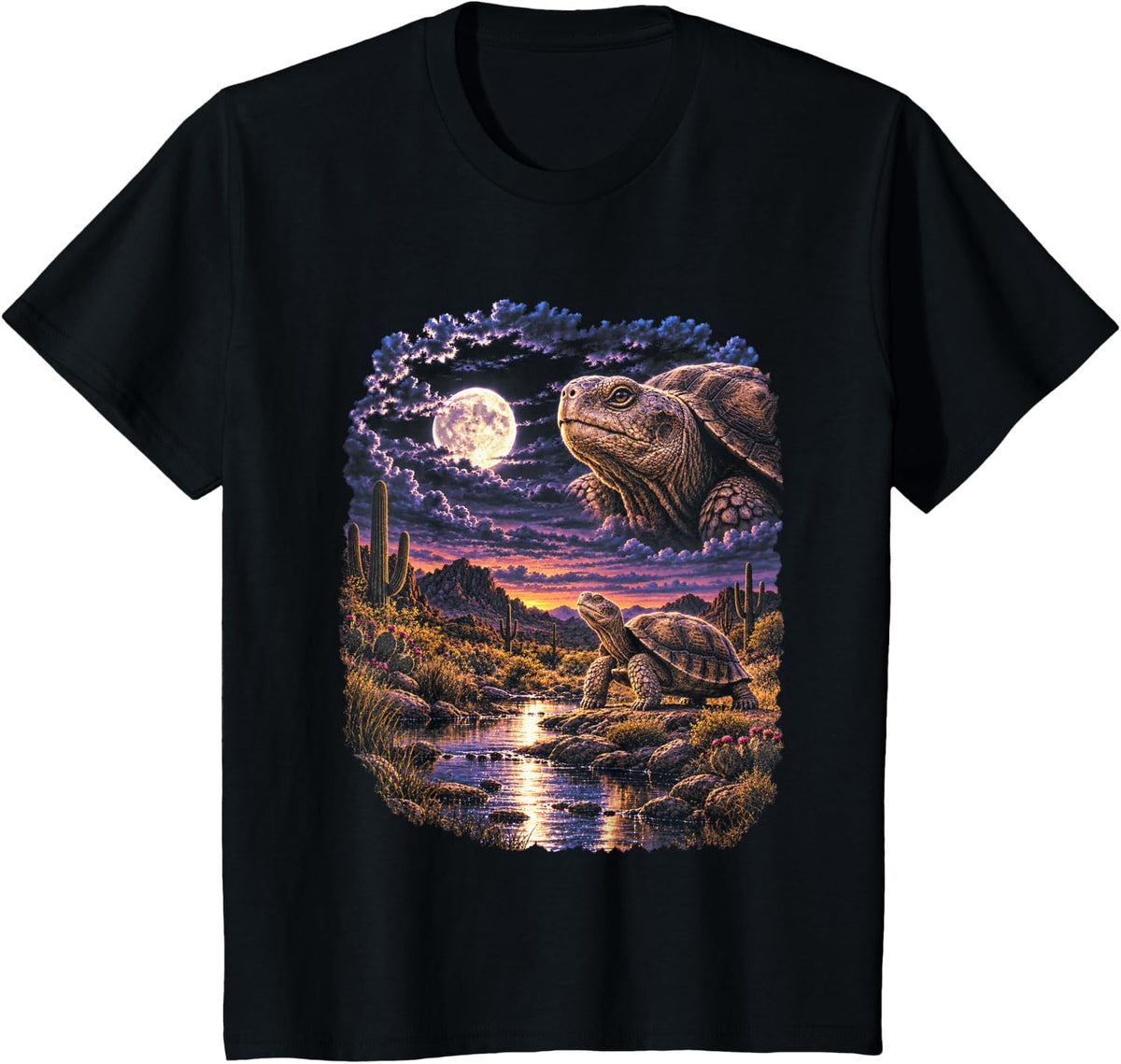 Desert Tortoise Full Moon Cactus Landscape Turtle Retro 90s T-Shirt - Black