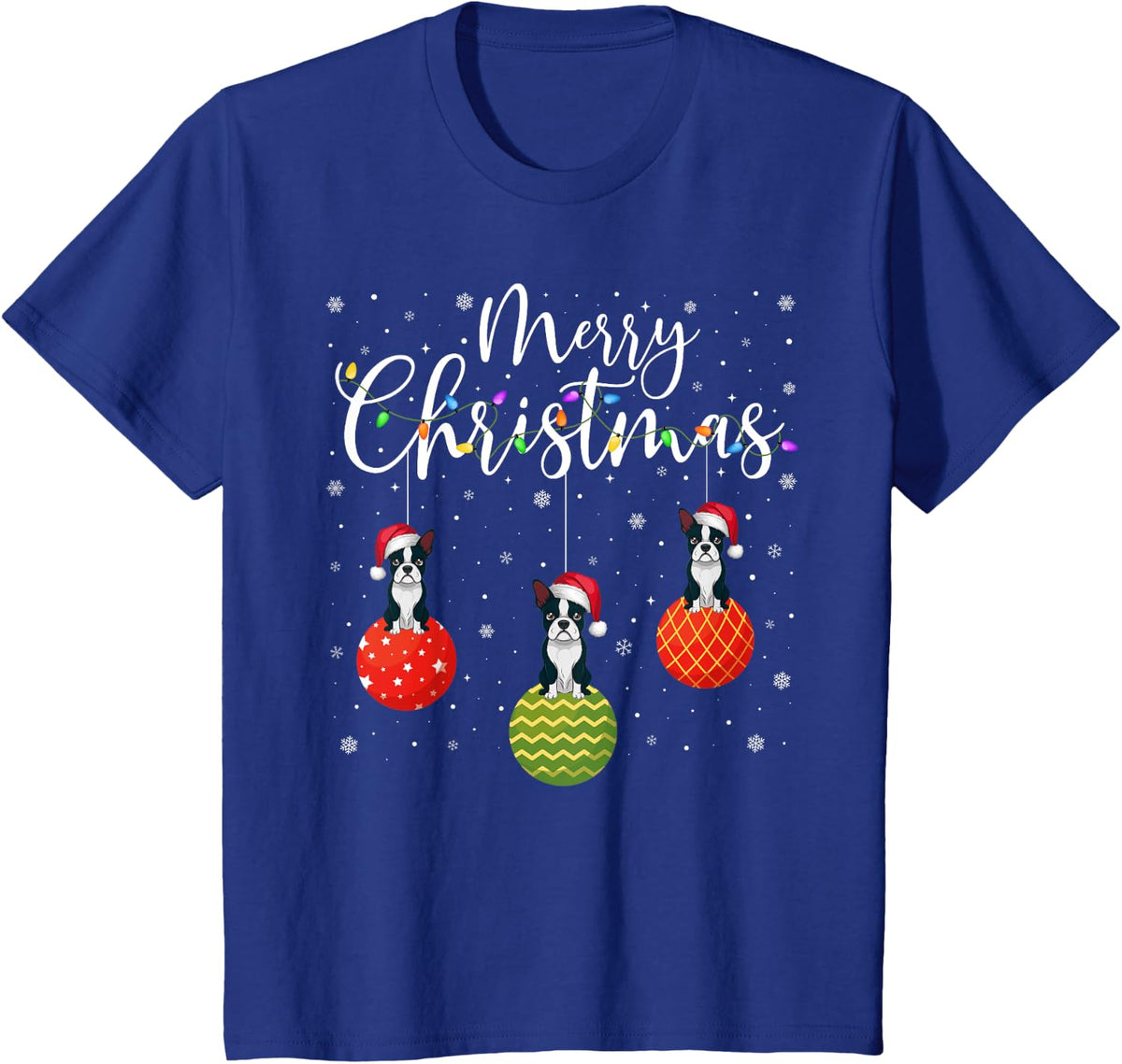 Merry Christmas Lights Santa Hat Boston Terrier Ugly Xmas T-Shirt - Royal Blue