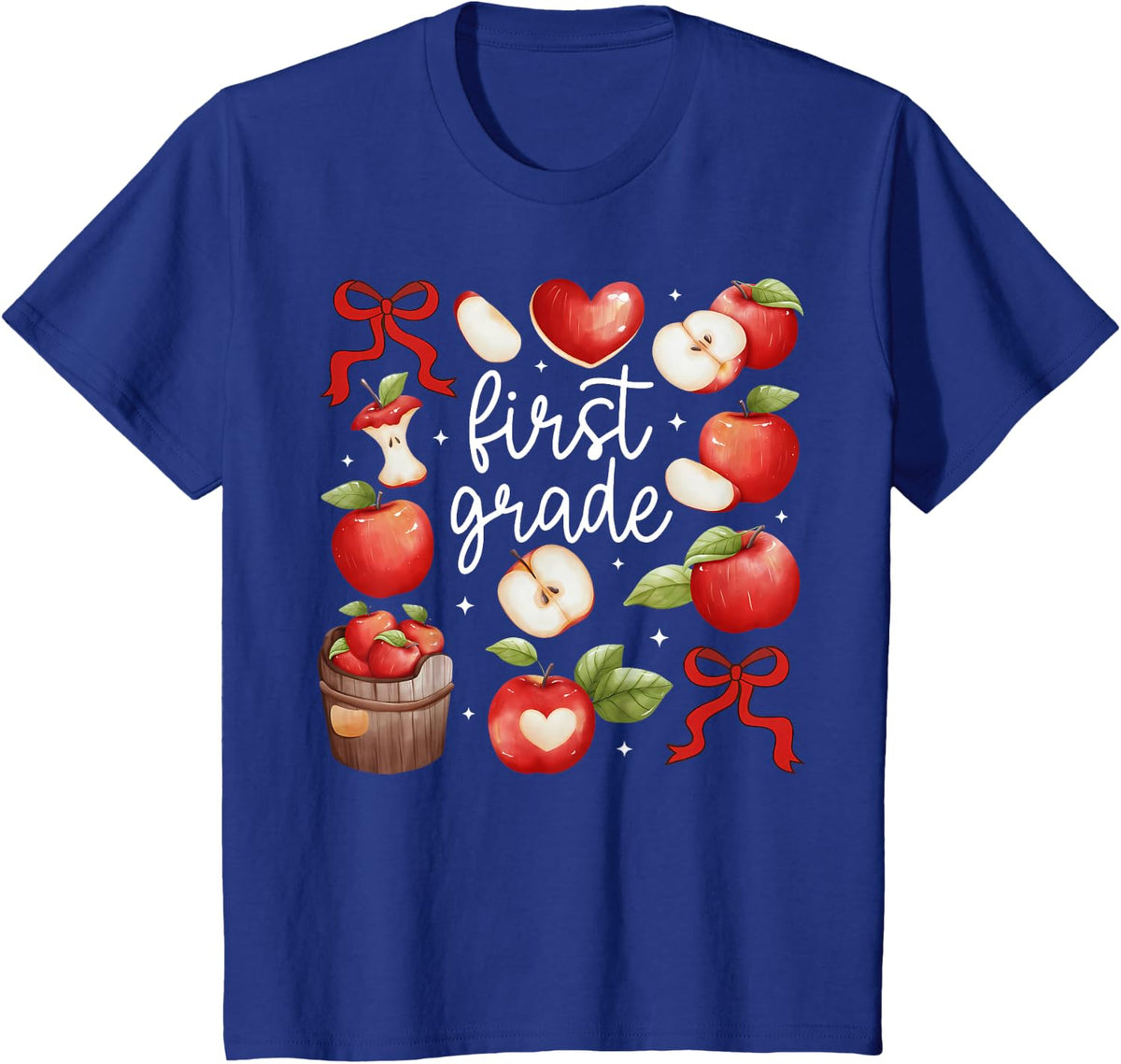 First Grade Teacher Apple Coquette Bow Fruit Back to School T-Shirt - Royal Blue