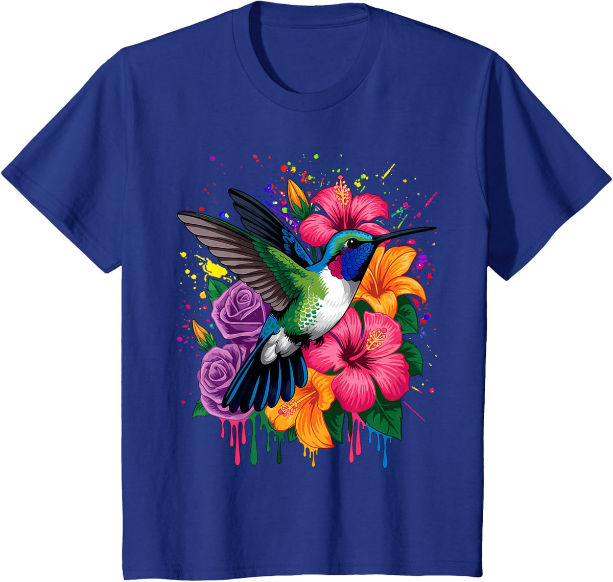 Hummingbird Floral Bird Artwork T-Shirt - Royal Blue