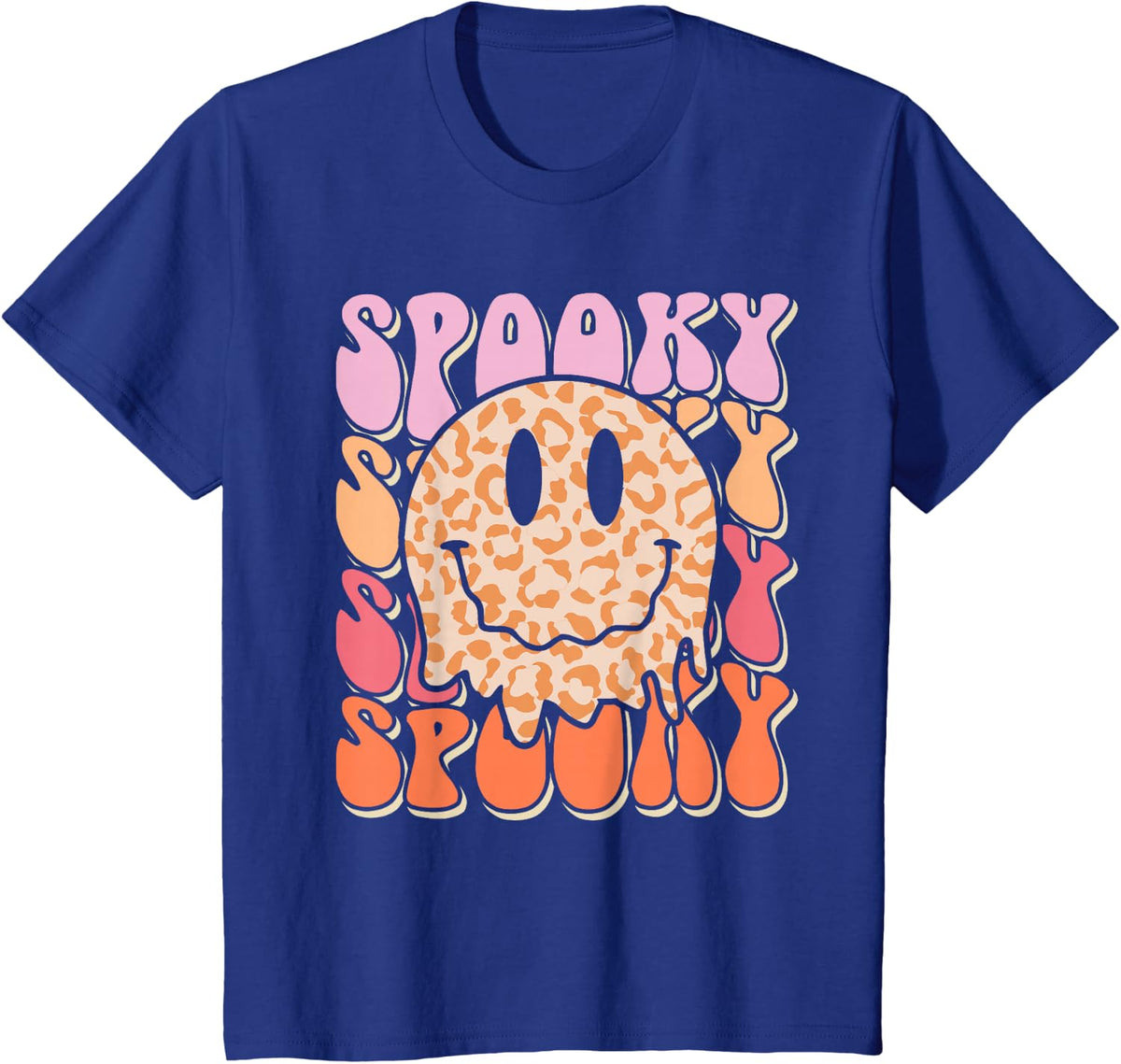 Groovy Halloween Spooky Leopard Smile Face Checkered T-Shirt - Royal Blue