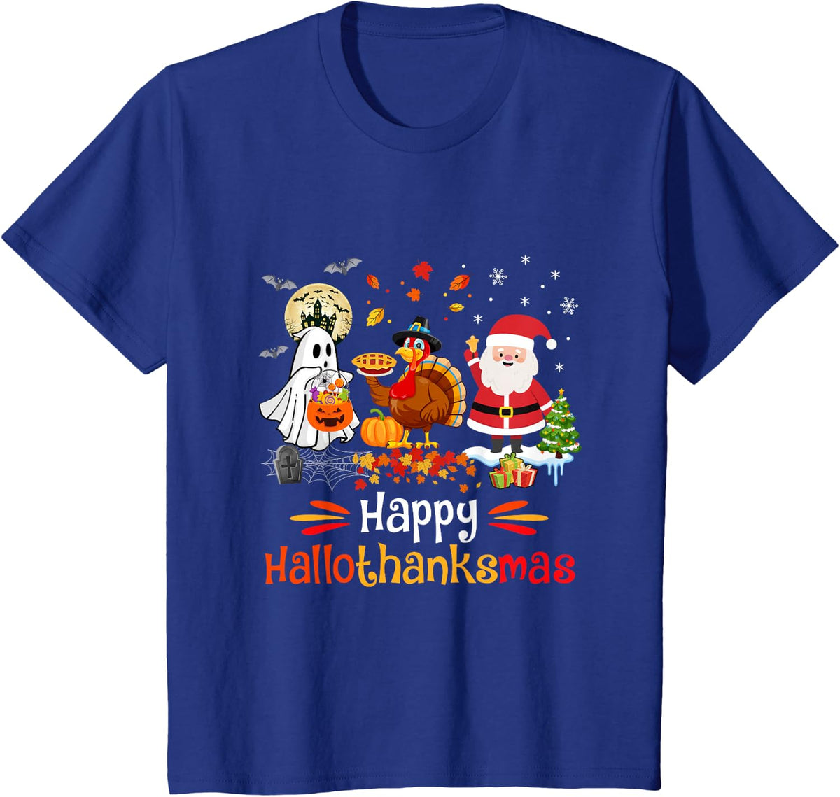 Happy Hallothanksmas Ghost Turkey Pumpkin Christmas Santa T-Shirt - Royal Blue