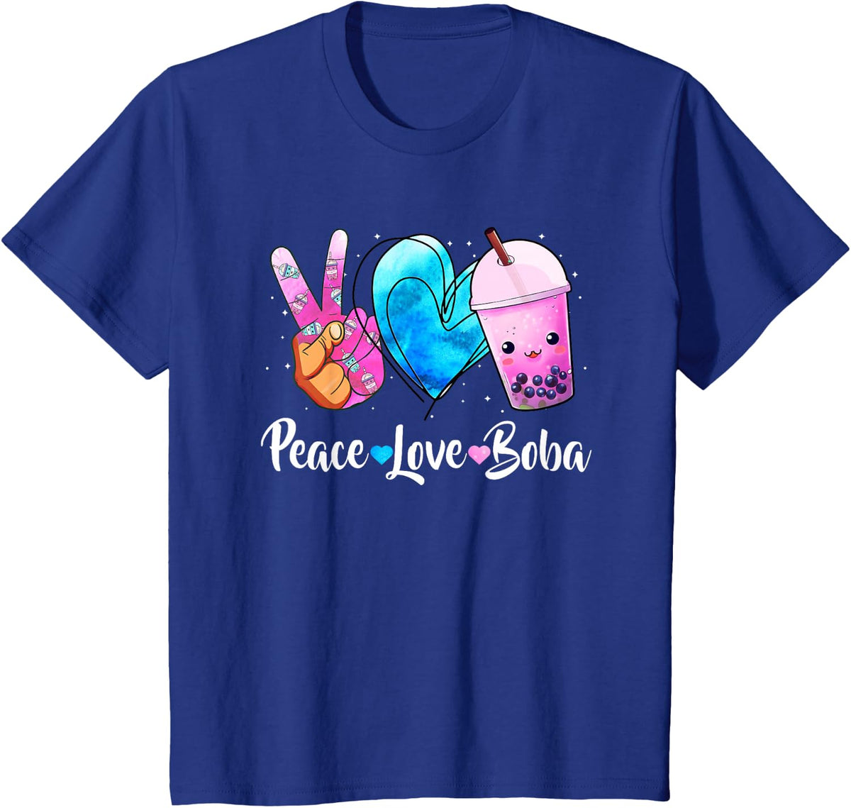 Peace Love Boba Bubble Tea Cute T-Shirt For Teen Girls Kawaii Japanese Tees - Royal Blue