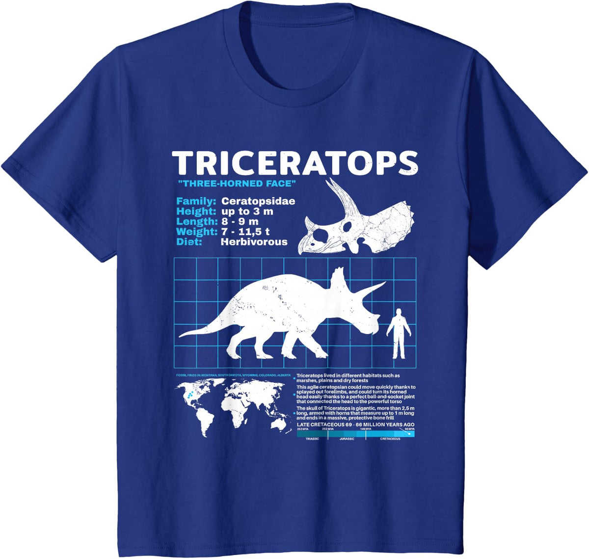 Triceratops fact sheet Dinosaur Facts T-Shirt - Royal Blue