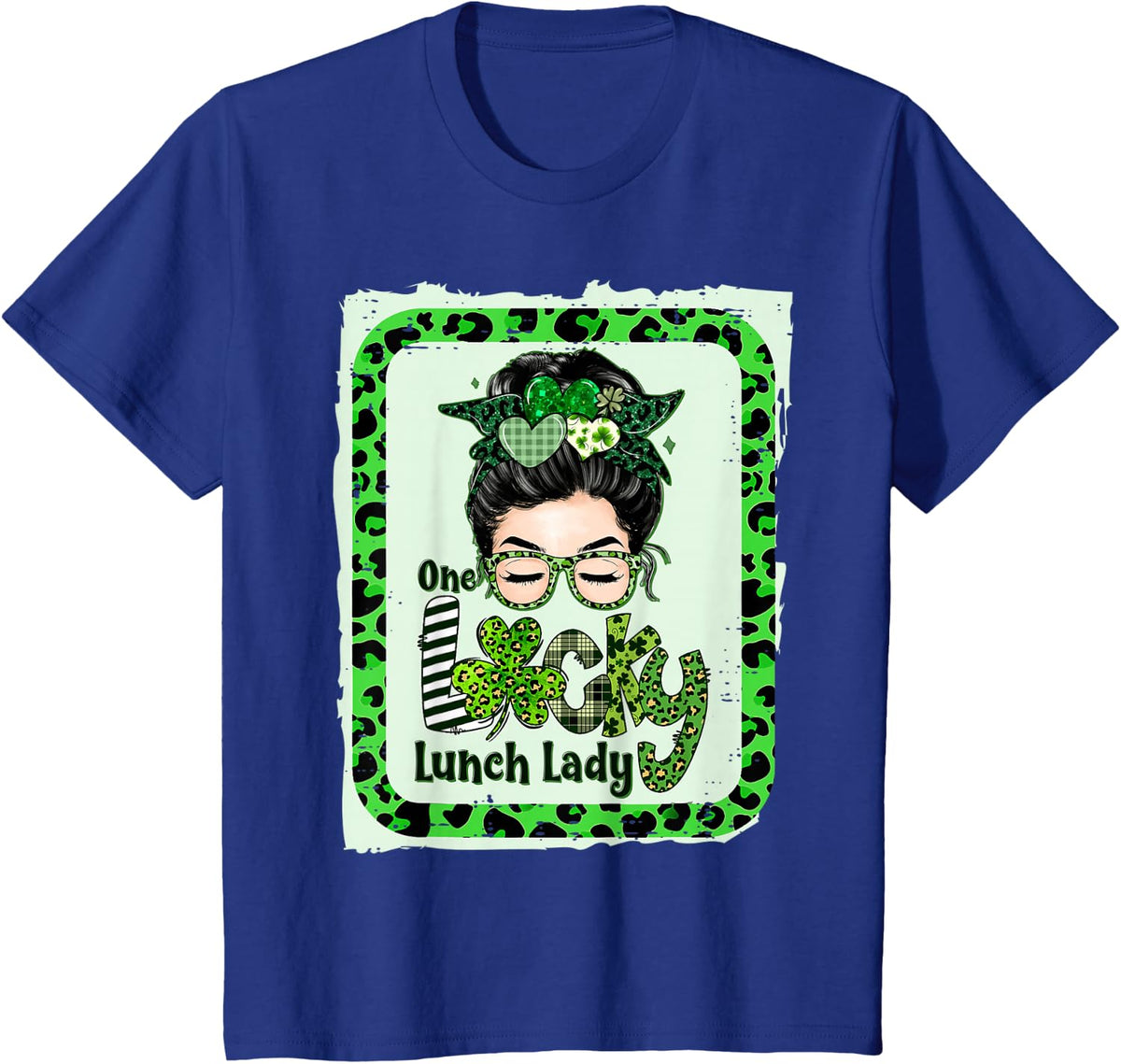 One Lucky Lunch Lady Messy Bun Shamrock St Patrick’s Day T-Shirt - Royal Blue