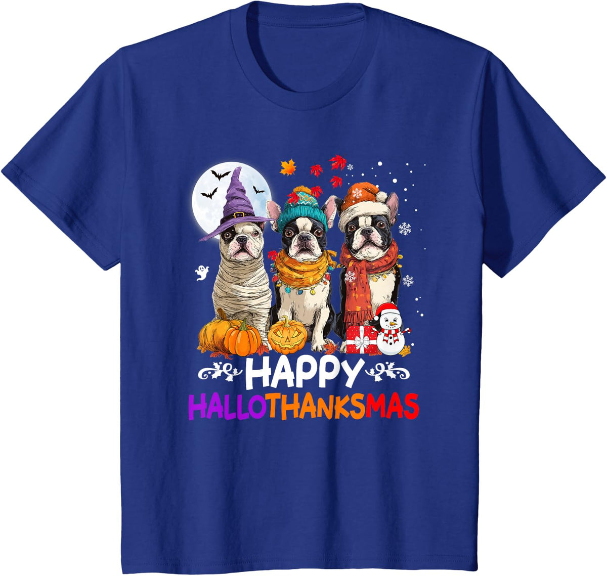 Boston Terrier Dog Hallothanksmas Halloween Thanksgiving T-Shirt - Royal Blue