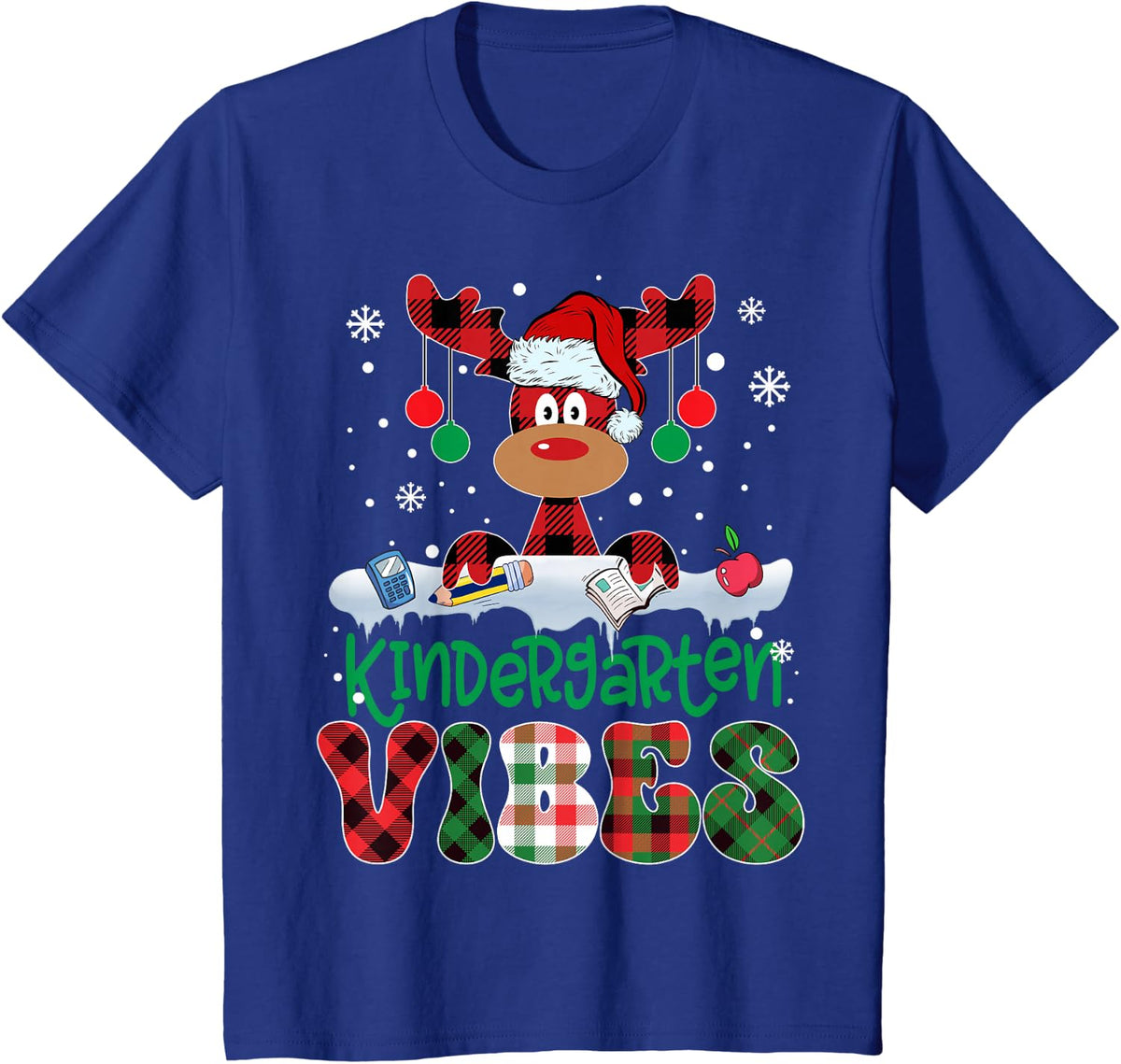 Kindergarten Vibes Teacher Christmas Shirt Buffalo Plaid Reindeer Holiday Tee T-Shirt - Royal Blue