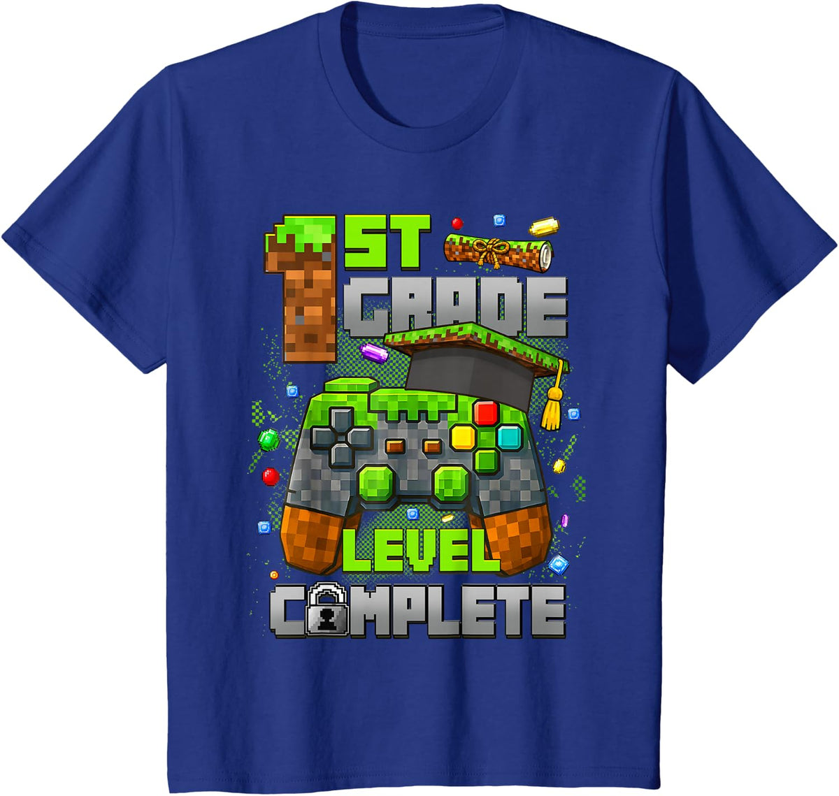 1st Grade Level Completed Last Day of School Video Game Tees T Shirts for Kids Boys Girls - Royal Blue