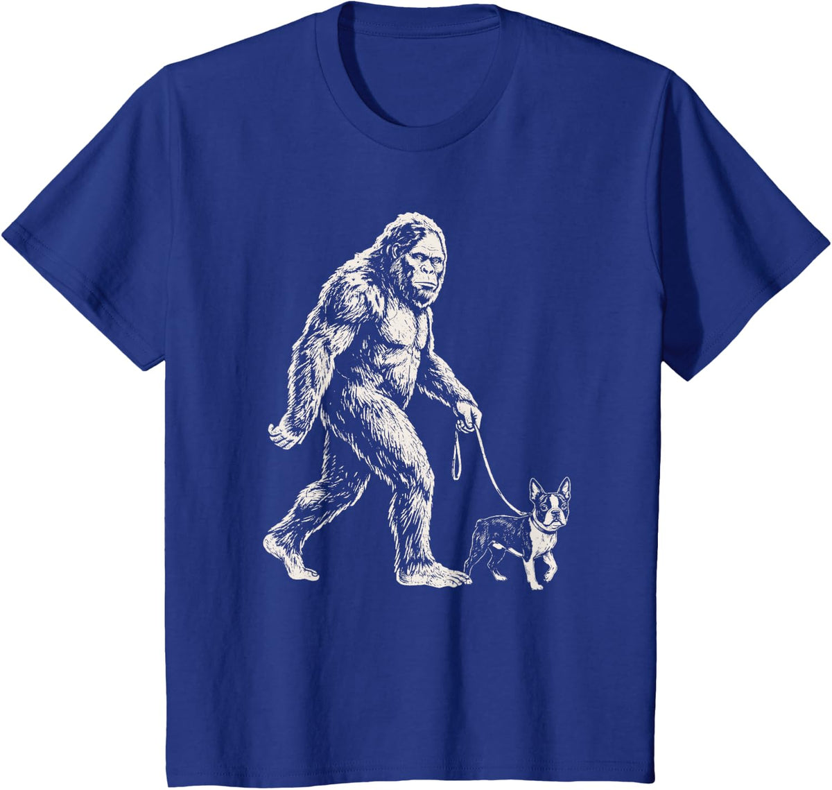 Bigfoot Walking Boston Terrier Funny Sasquatch Dog Walker T-Shirt - Royal Blue