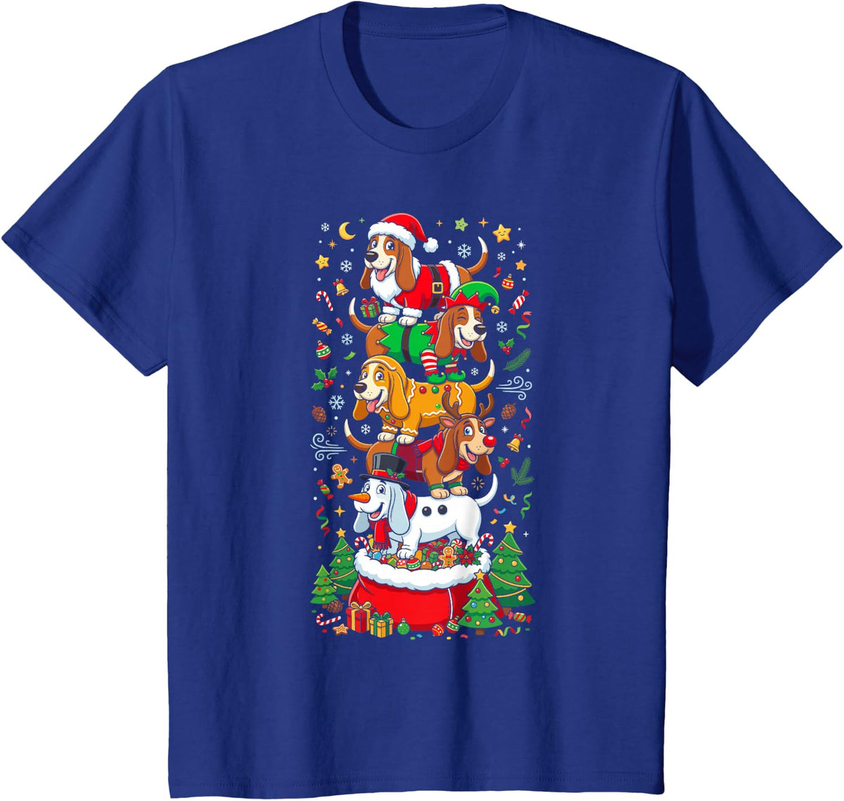 Funny Christmas Basset Hound Santa Elf Snowman Womens Mens T-Shirt - Royal Blue