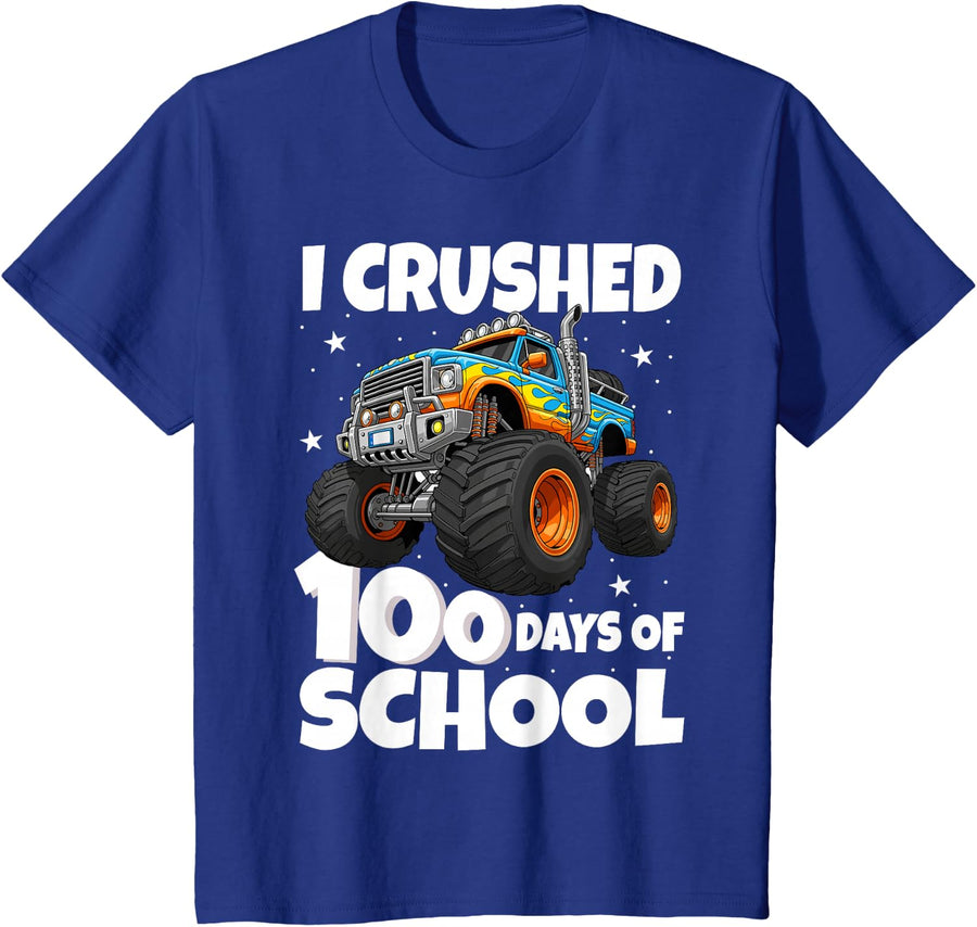 I Crushed 100 Days of School Monster Truck Tee 100 Days Smarter T-Shirt for Kids Boys Girls - Royal Blue