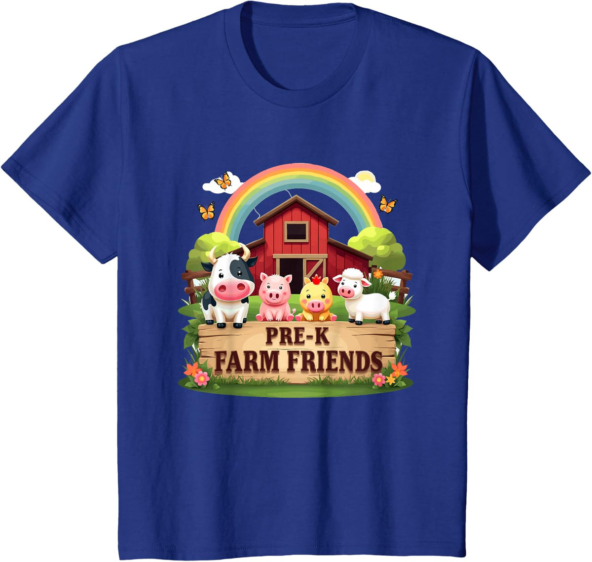 Pre-K Farm Friends Cute Animals Rainbow T-Shirt Tees For Kids Toddler Boys Girls - Royal Blue