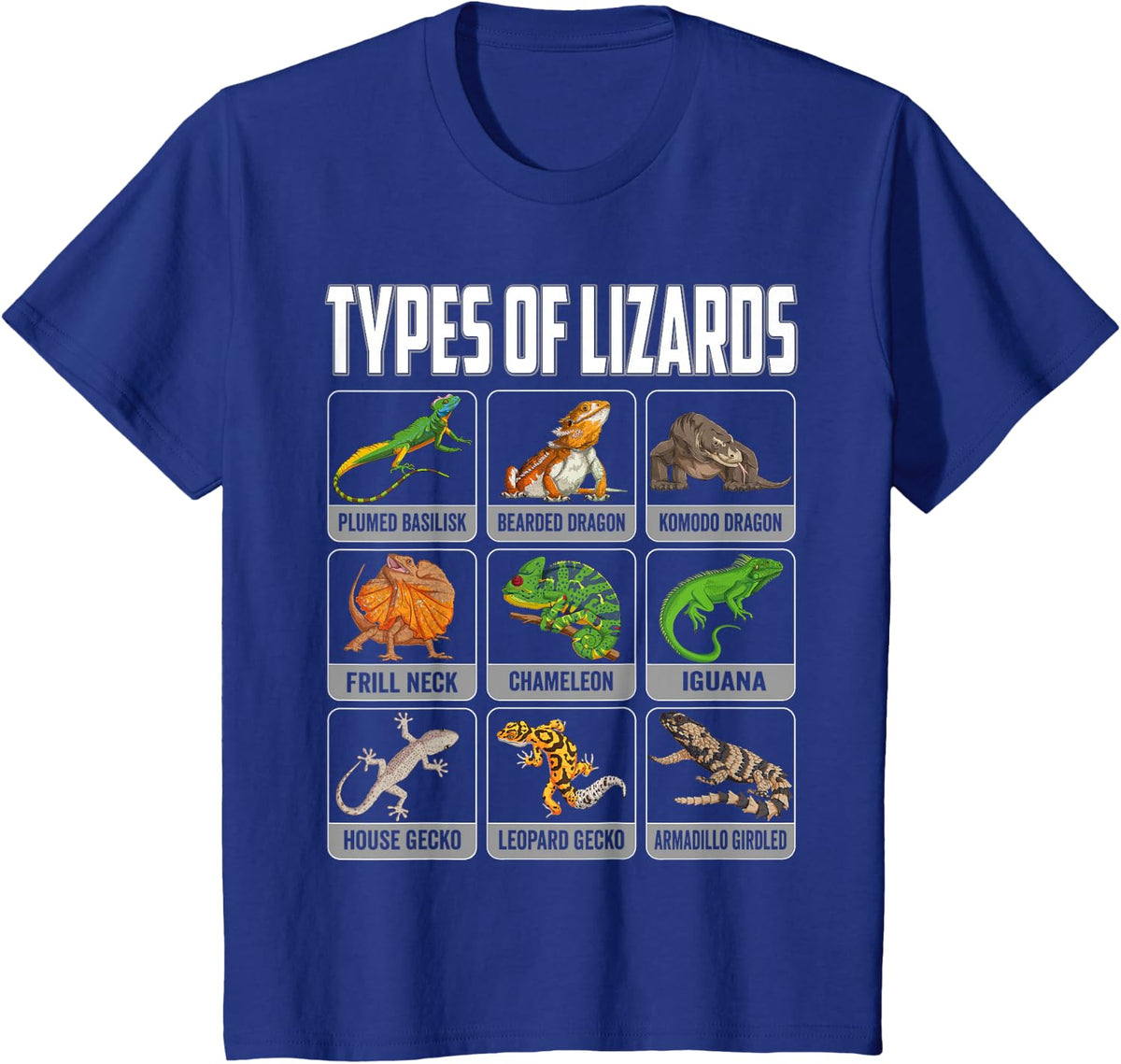Types of Lizards Reptile Shirt Herpetology Bearded Dragon Tee T-Shirt Men Boys Kids - Royal Blue