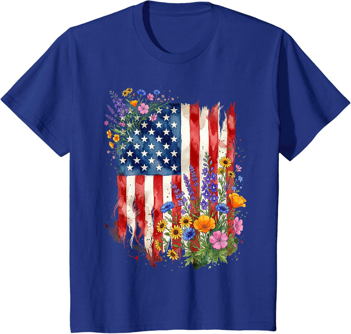 Wildflowers American Flag 4th of July Patriotic Floral Women T-Shirt - Royal Blue